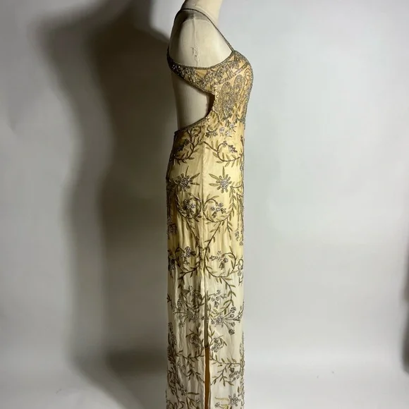 VINTAGE 90s/Y2K Beaded Silk Open Back Ombré Gold Silver Formal Prom Dress Small - Picture 3 of 8